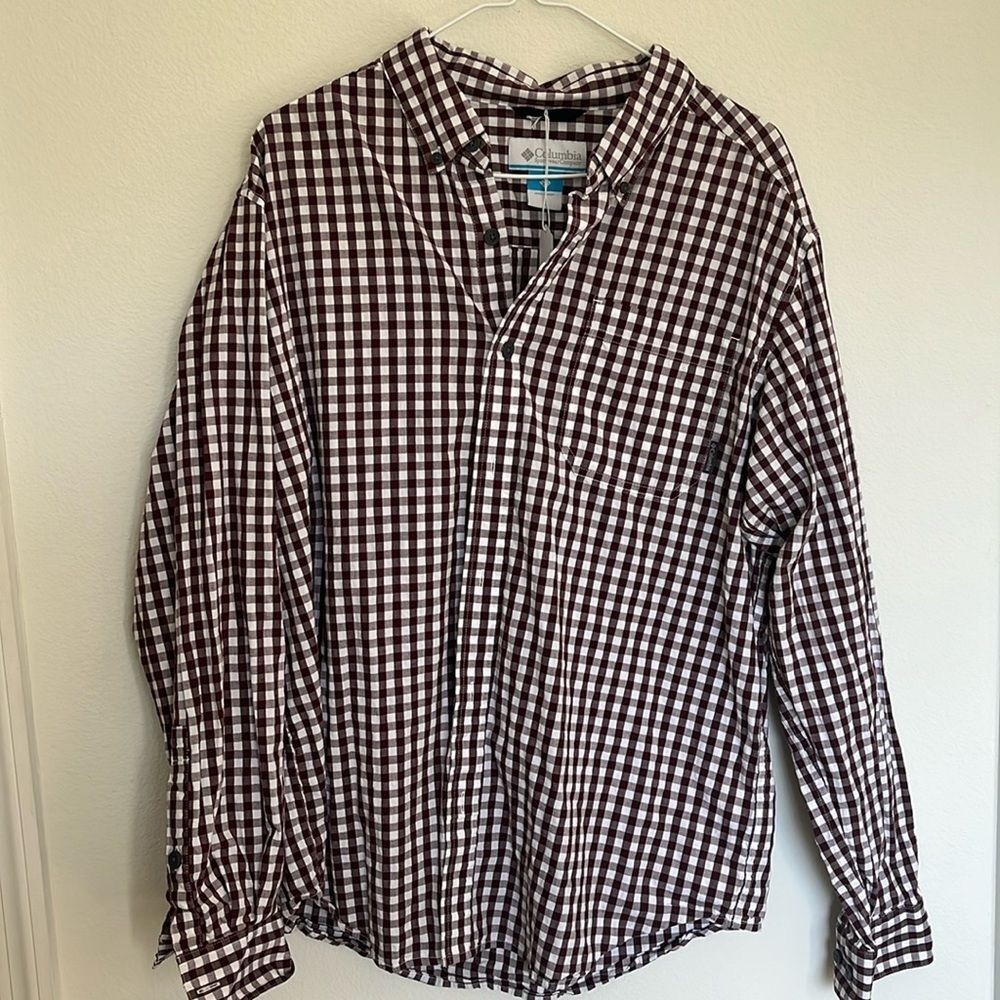 Columbia Brown White Checks Long Sleeve Button Down Shirt Men's L Outdoor Camp